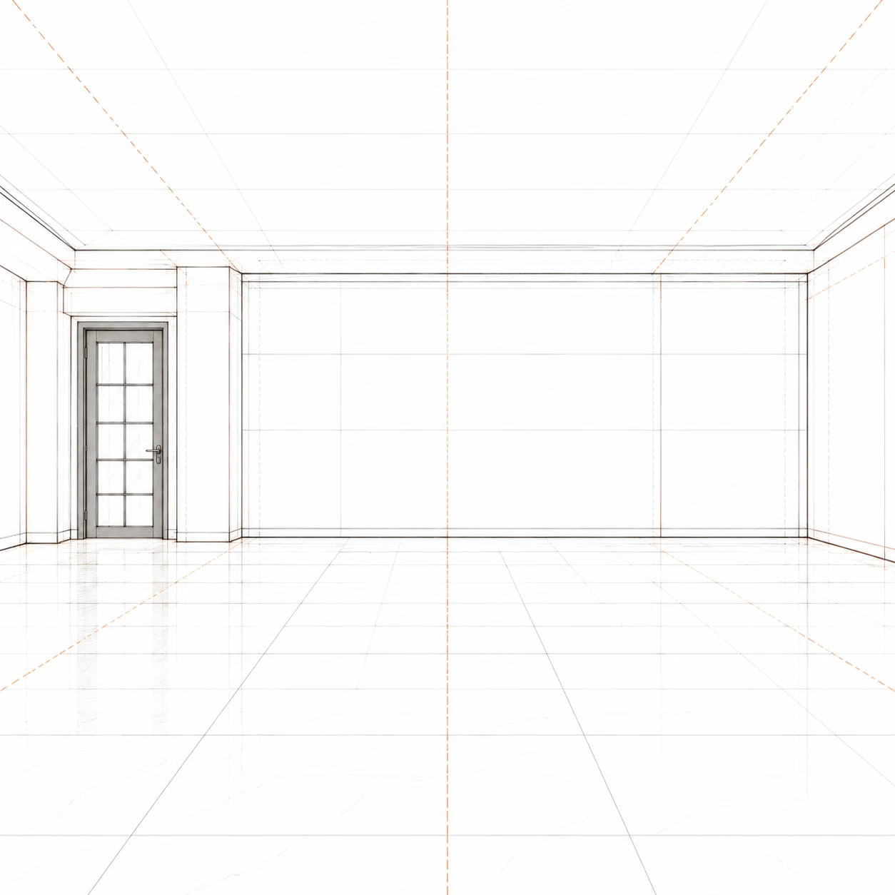 A line sketch of an empty room in perspective, with orange guide lines and a glazed door