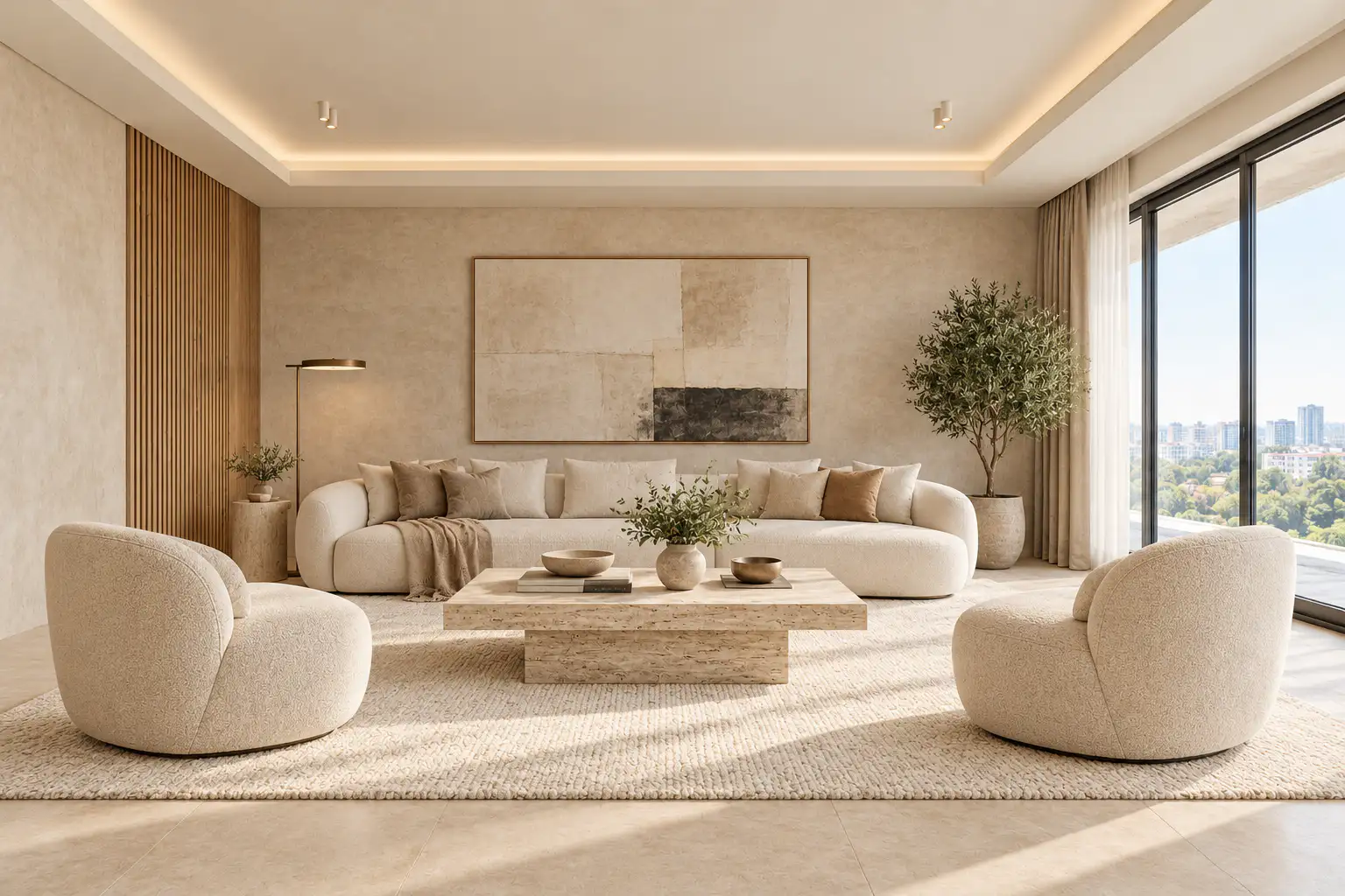 After: the same room finished in warm beige with cove lighting, a timber slat wall, curved cream sofas, a stone coffee table and an olive tree