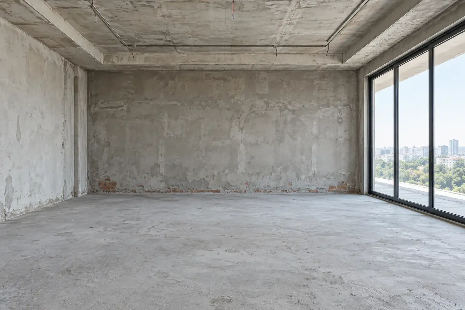 Before: a bare concrete room with exposed conduit, patched walls and floor-to-ceiling windows onto the city