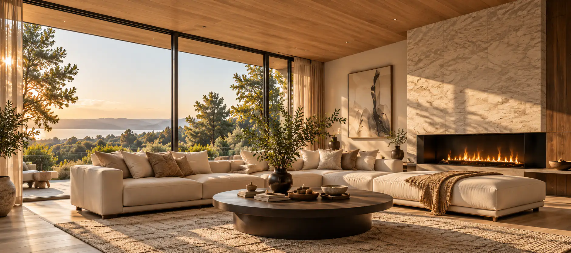 A living room with a timber ceiling, a stone fireplace wall, cream sofas and floor-to-ceiling windows onto trees