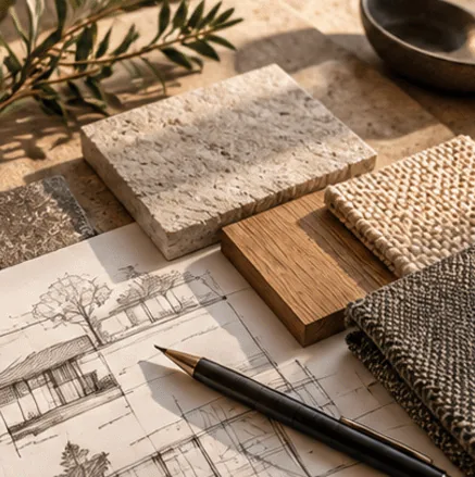 Stone, oak and woven fabric samples laid on a pencil sketch, with a pen beside them
