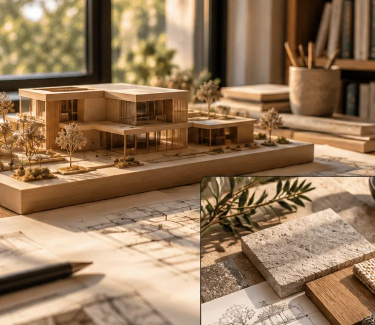 A timber architectural model of a house on a desk covered in drawings