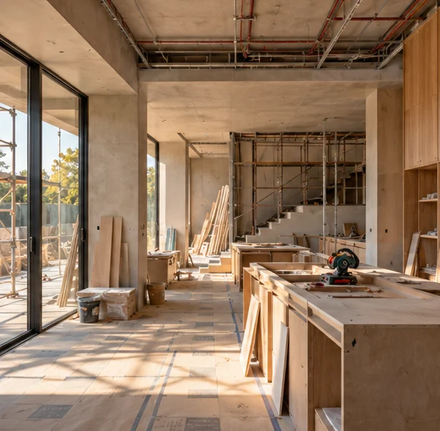 A concrete interior under construction, with timber cabinet carcasses, a mitre saw, stacked boards and scaffolding outside tall windows